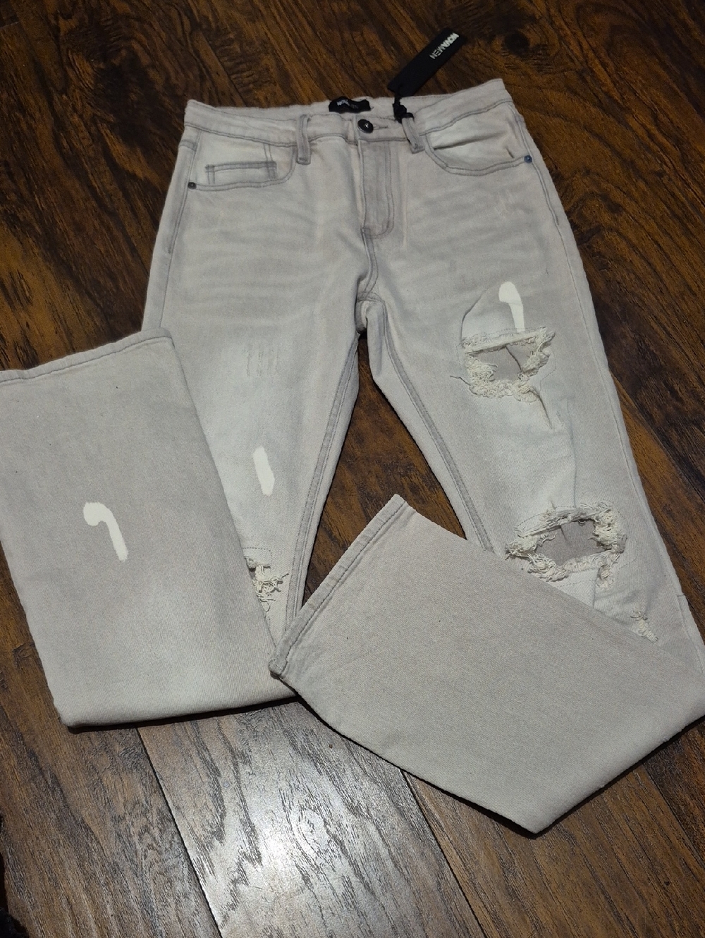 Men's Light Gray Bootcut Ripped Jeans - Picture 2 of 4